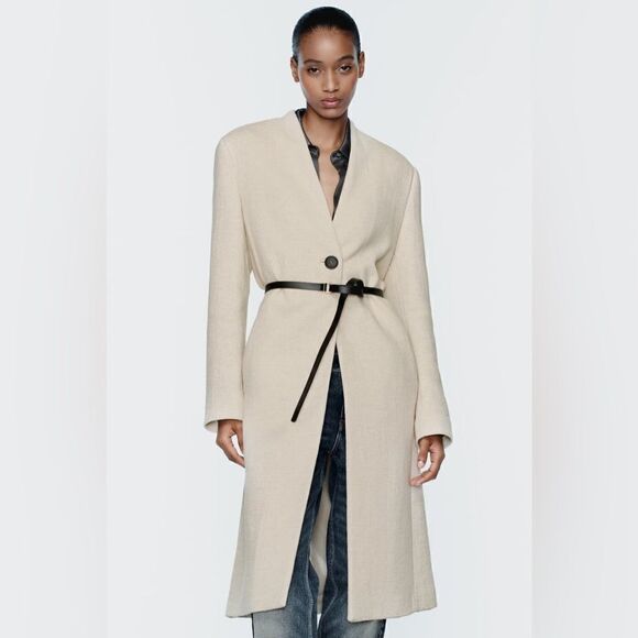 ZARA WOOL BLEND COAT WITH LEATHER BELT - Picture 9 of 10